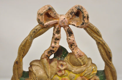 Antique Victorian Cast Iron Painted Floral Bouquet Pink Bow Basket Door Stop
