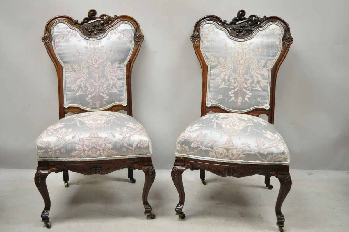 Victorian Floral Scrollwork Carved Mahogany Parlor Slipper Side Chairs - a Pair