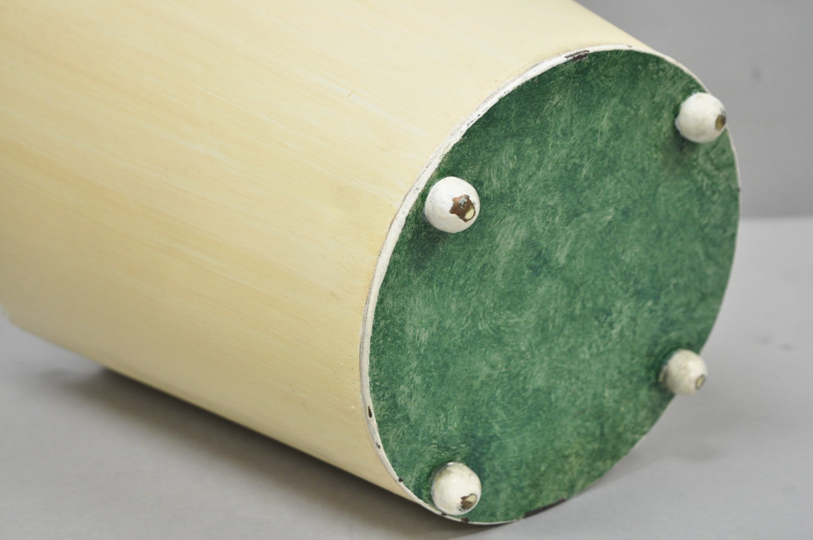 Vintage Italian Hollywood Regency Tole Metal Cream & Green Painted Wastebasket