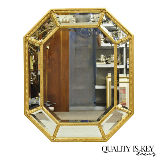 Vintage French Regency Style Octagonal Gold Tone Beveled Glass Wall Mirror