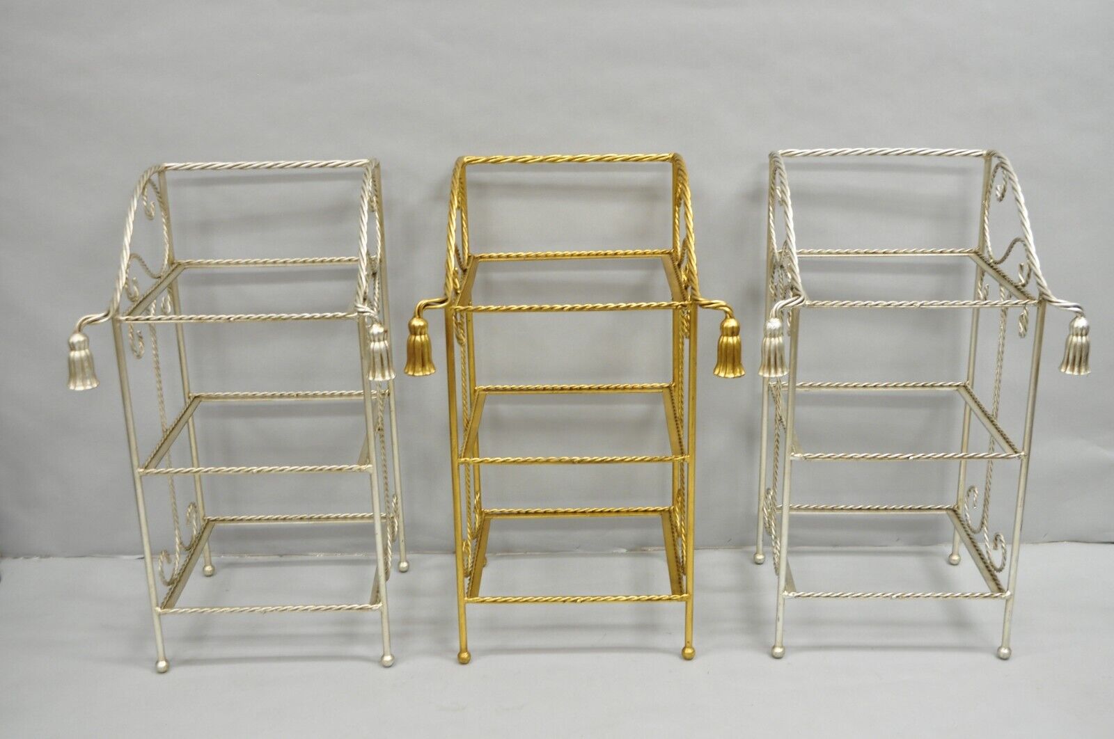 Italian Hollywood Regency Silver Iron Tassel 3 Tier Etagere Towel Rack Stand