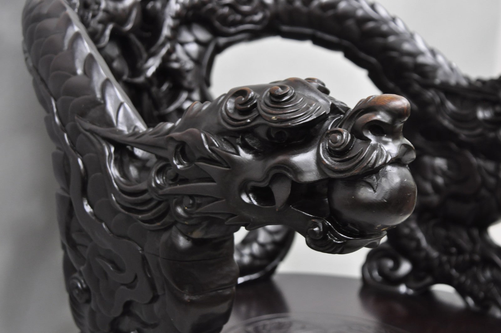 Antique Japanese Dragon Carved Wood Export Oriental Palace Lounge Arm Chair