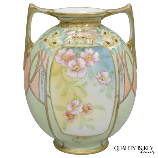 Antique Nippon Art Nouveau Hand Painted Porcelain Pink Flower Twin Handle Vase