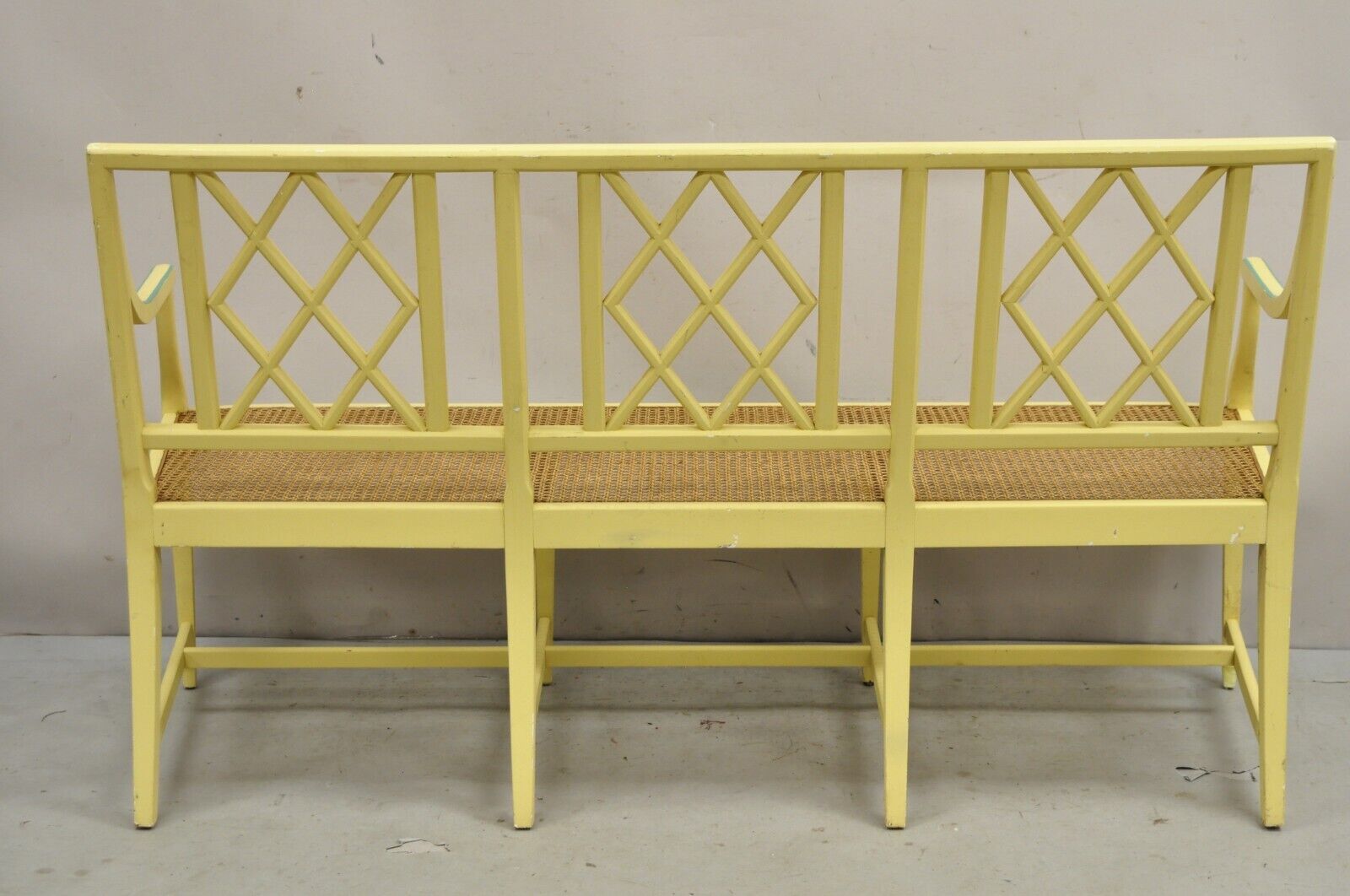 Vintage Italian Neoclassical Yellow Painted Cane Seat Fretwork Settee Bench