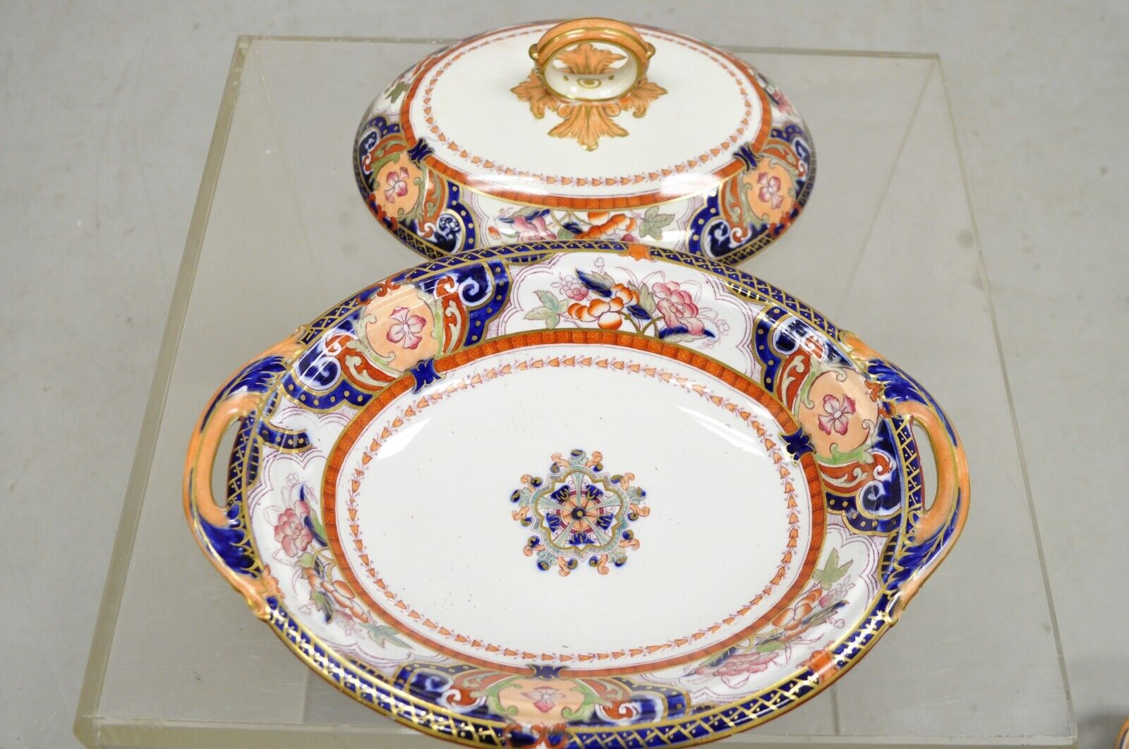 19th C English Ironstone Diamond Patent Covered Vegetable Soup Tureen - a Pair