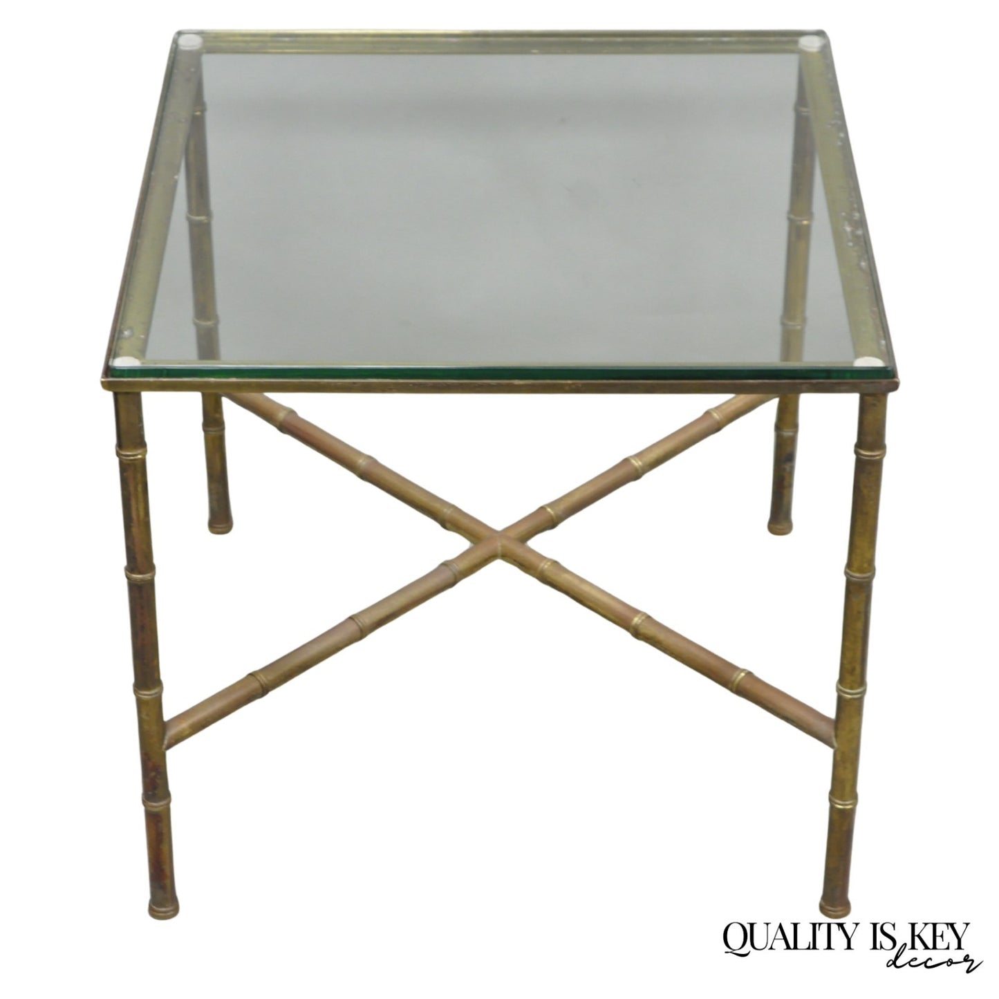 Vintage Hollywood Regency Brass Faux Bamboo Square Glass Top Low Side Table