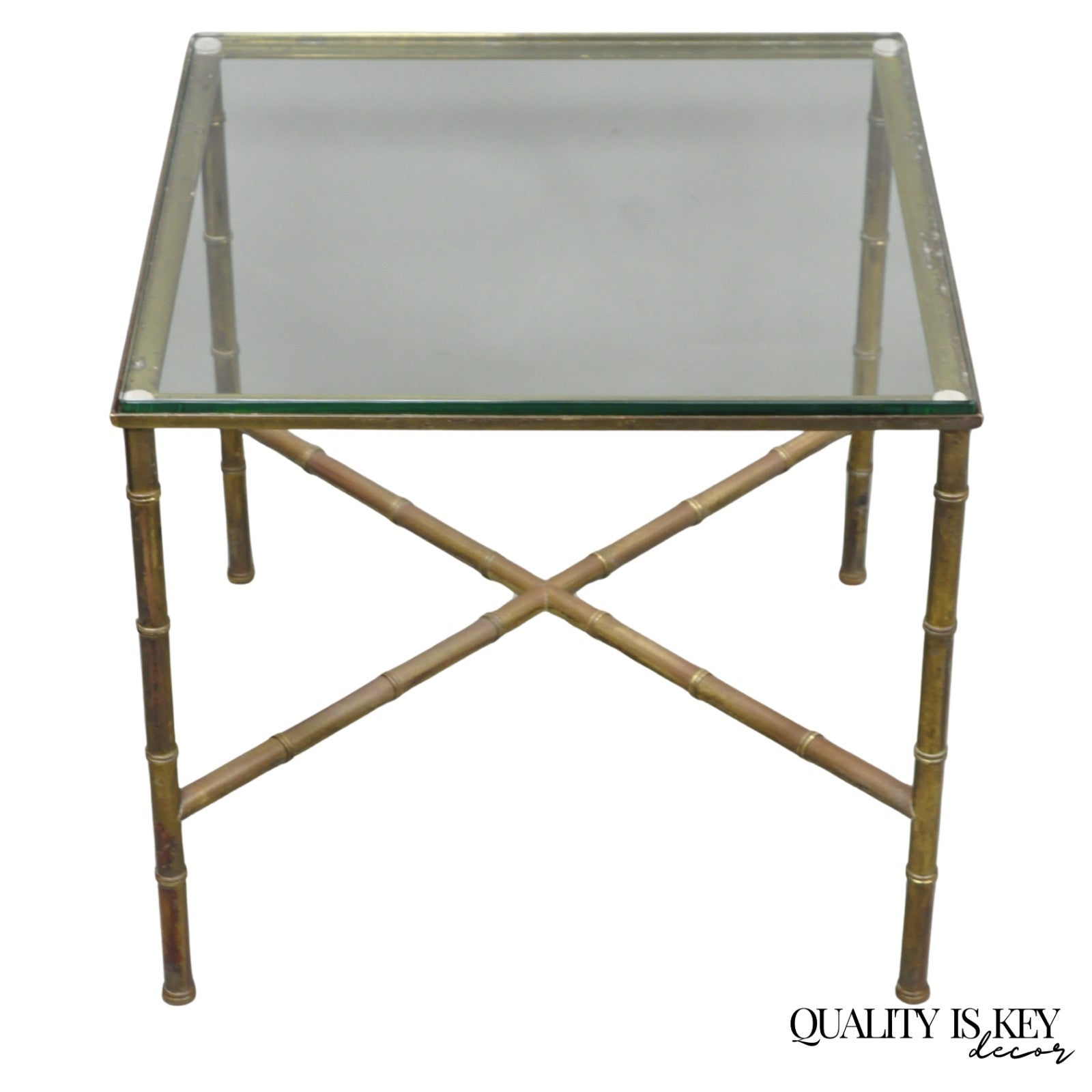 Vintage Hollywood Regency Brass Faux Bamboo Square Glass Top Low Side Table