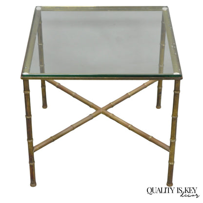 Vintage Hollywood Regency Brass Faux Bamboo Square Glass Top Low Side Table