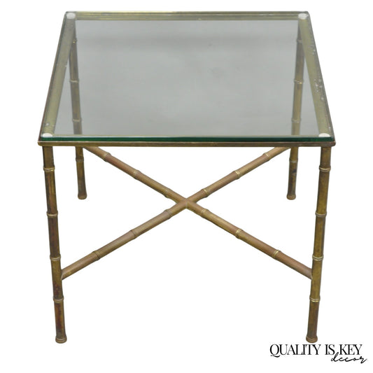 Vintage Hollywood Regency Brass Faux Bamboo Square Glass Top Low Side Table
