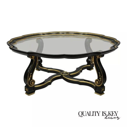 Vintage Italian Hollywood Regency Style Black and Gold Glass Top Coffee Table