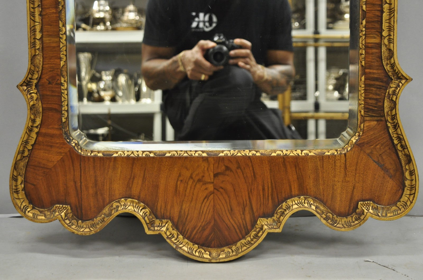 Antique George II Style Walnut Beveled Glass Wall Mirror w/ Plume Pediment