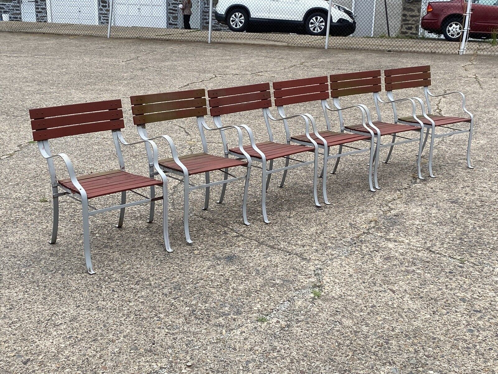 Vintage Wrought Iron and Wood Slat French Style Garden Outdoor Chairs - a Pair