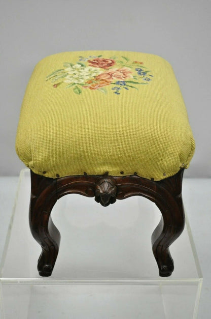 Antique Victorian Walnut Figural Lion Female Face Needlepoint Footstool Ottoman