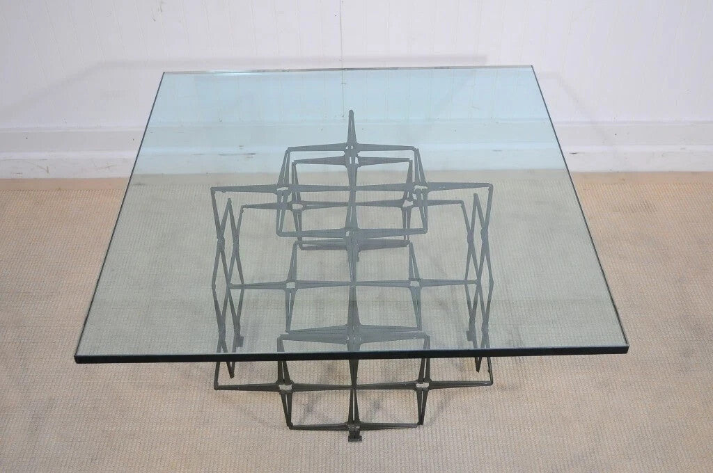 Trimark Mid Century Modern Green Brutalist Steel Nail Square Glass Coffee Table