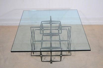 Trimark Mid Century Modern Green Brutalist Steel Nail Square Glass Coffee Table