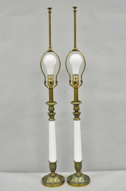 Vintage Stiffel White Glass Column French Hollywood Regency Table Lamps - a Pair