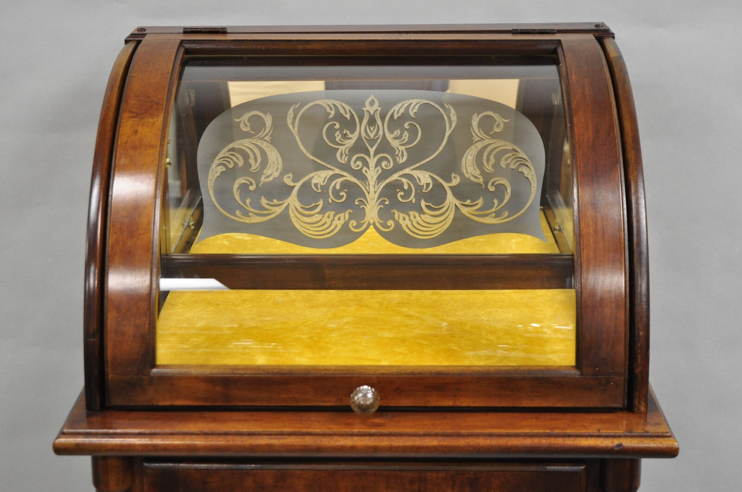 Victorian Style Cherry Wood Curved Glass Lighted Narrow Curio Display Cabinet