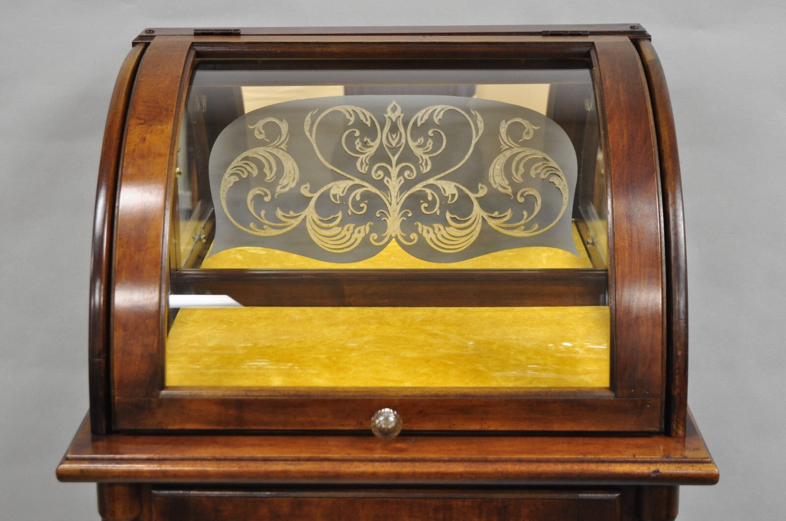Victorian Style Cherry Wood Curved Glass Lighted Narrow Curio Display Cabinet