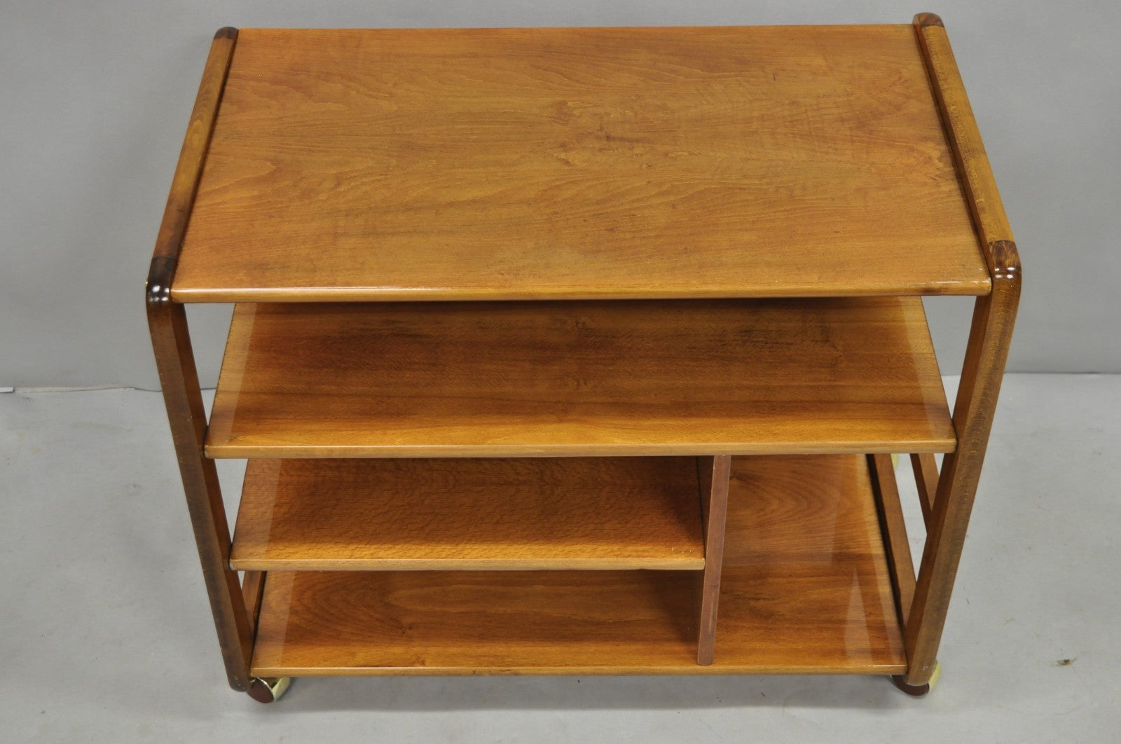 Vintage Mid Century Modern Lacquered Cherry Wood Rolling Cart TV Stand Shelf