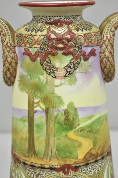 Antique Nippon Hand Painted Porcelain Countryside Moriage Tall Twin Handle Vase