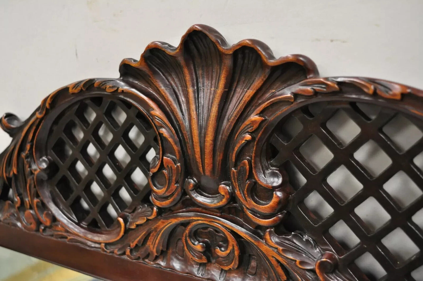 Antique Chinese Chippendale Style Fretwork Carved Mahogany Large Wall Mirror