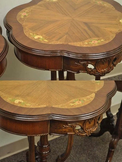 Antique French Louis XV Style Satinwood Floral Inlay Walnut Side Tables - a Pair