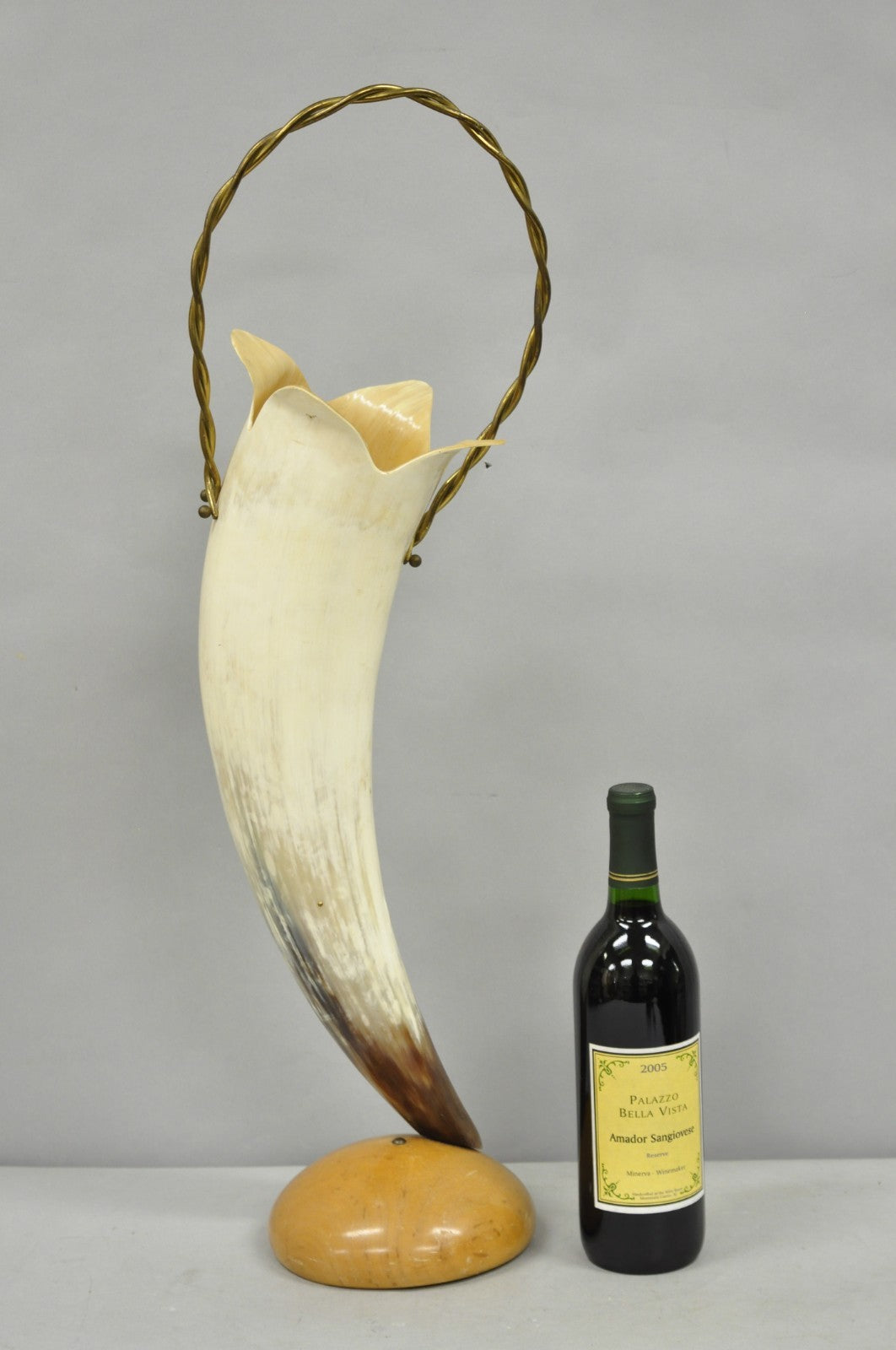 Vintage Italian Regency Large Cattle Cow Horn Vase on Sculpted Maple Wood Base
