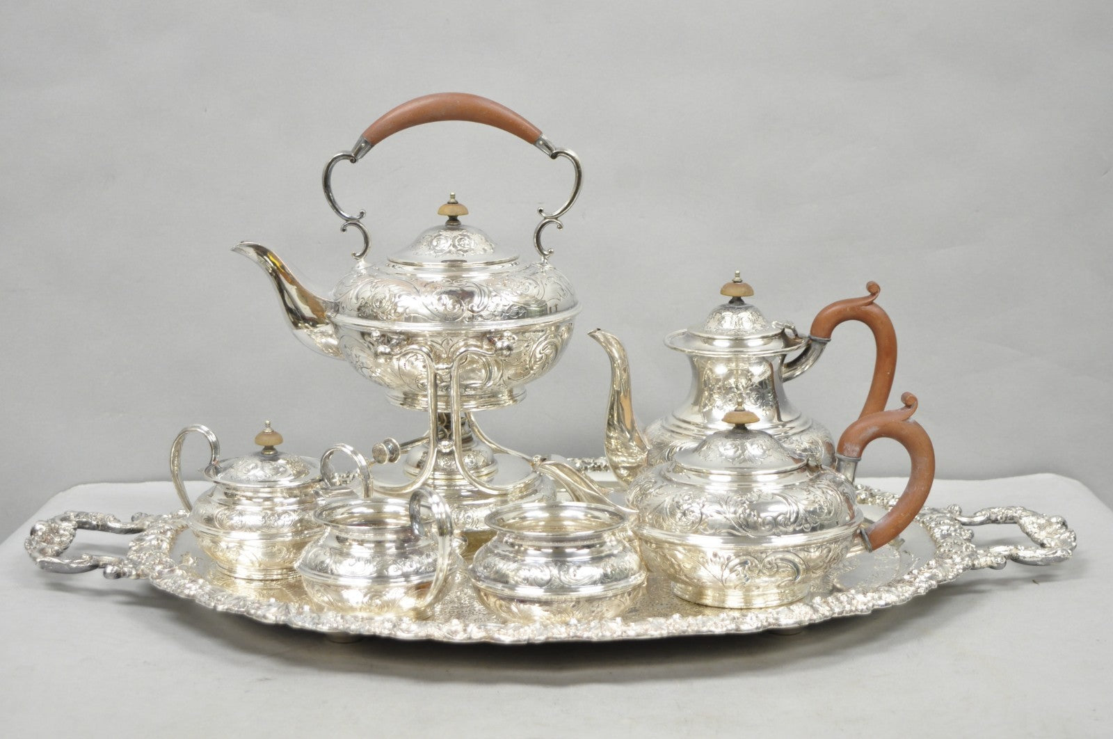 Antique Barker Ellis English Victorian Silver Plated Tea Set w/Tray - 7 Pc Set