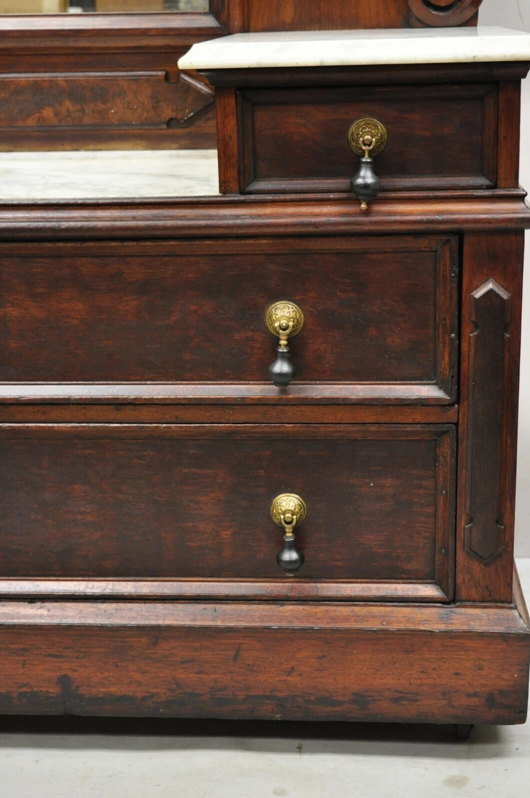 Antique Eastlake Victorian Walnut 3 Marble Tier Dresser Chest With Tall Mirror