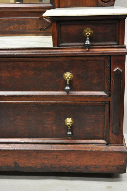 Antique Eastlake Victorian Walnut 3 Marble Tier Dresser Chest With Tall Mirror