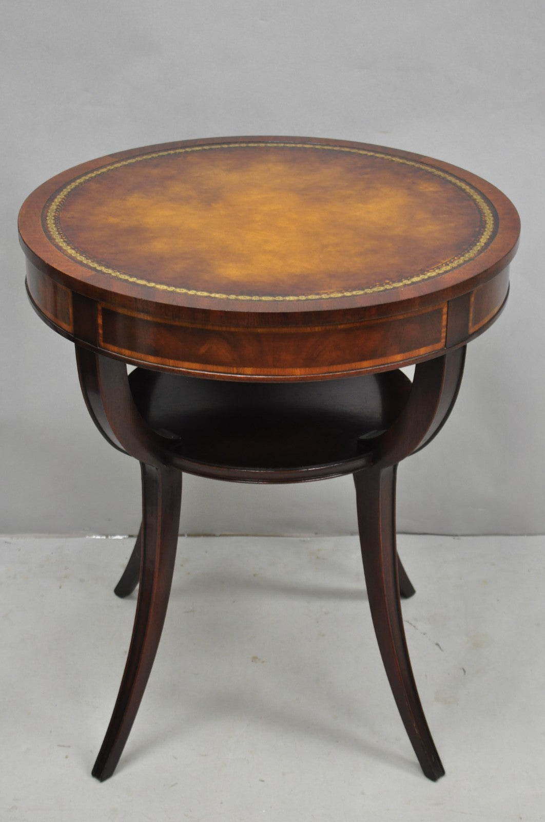 Vintage Weiman French Regency Round Mahogany Leather Top Saber Leg Side Table
