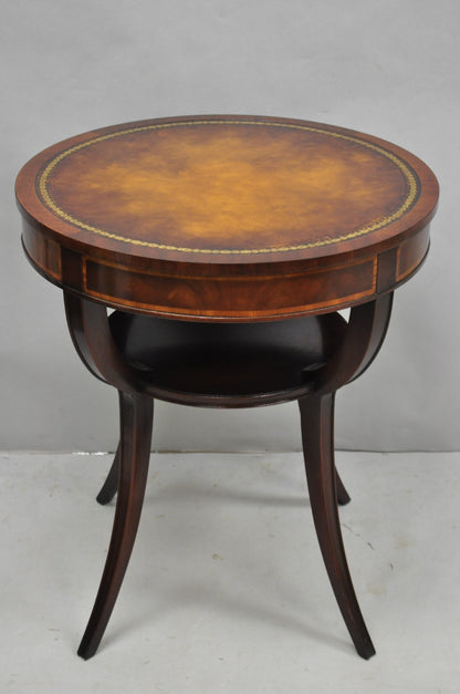 Vintage Weiman French Regency Round Mahogany Leather Top Saber Leg Side Table