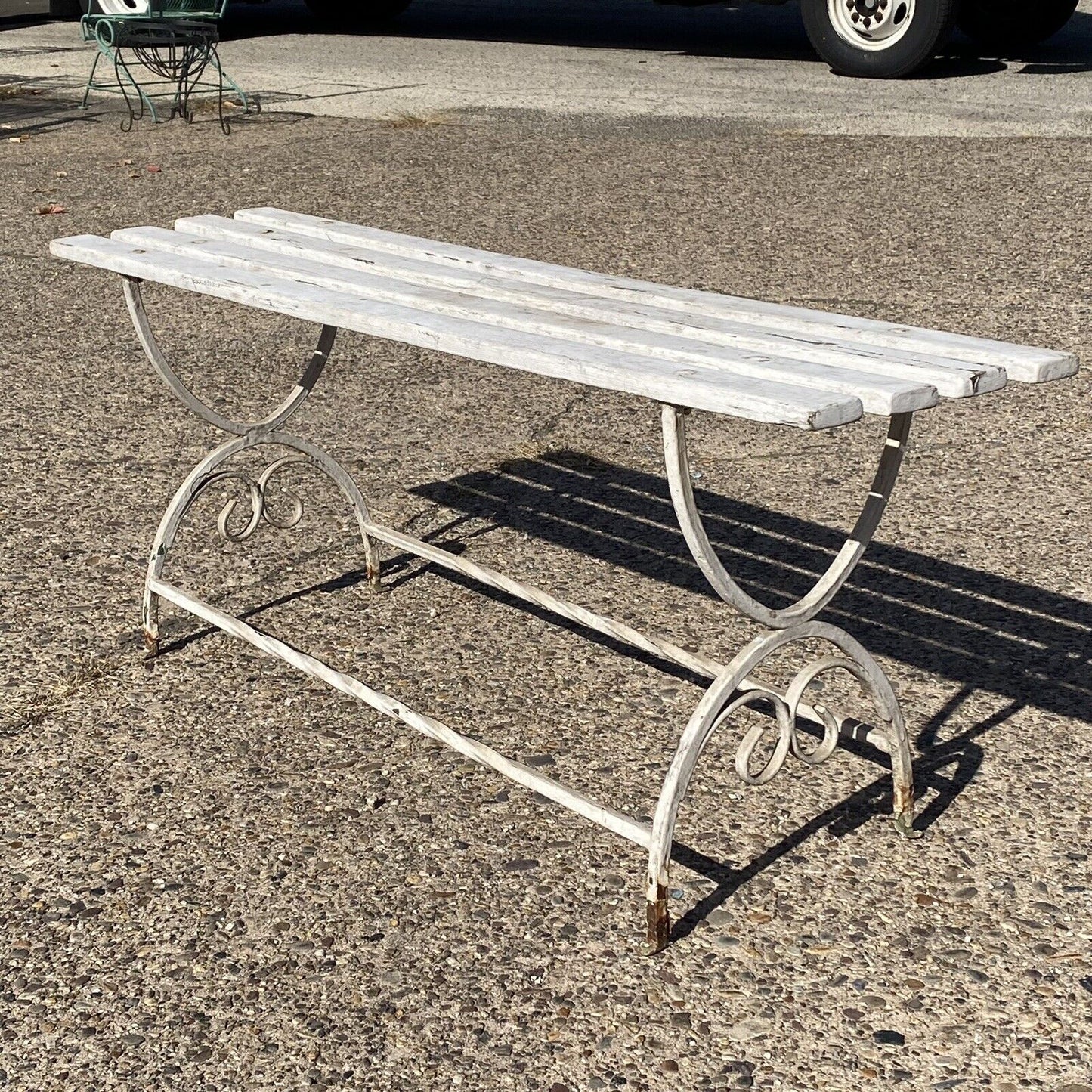 Vintage French Art Nouveau Scrolling Wrought Iron Wooden Slat Garden Patio Bench