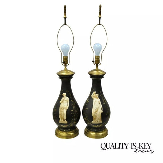 Antique French Neoclassical Black Porcelain Classical Bulbous Table Lamps - Pair