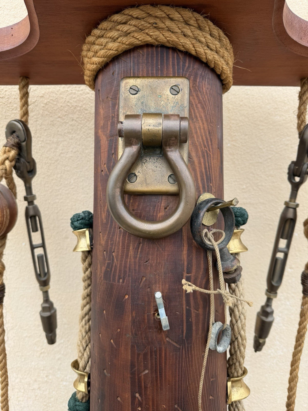 Vintage Custom Nautical Wood 95" Ship Mast Mancave Bar Island w Pulley & Ropes