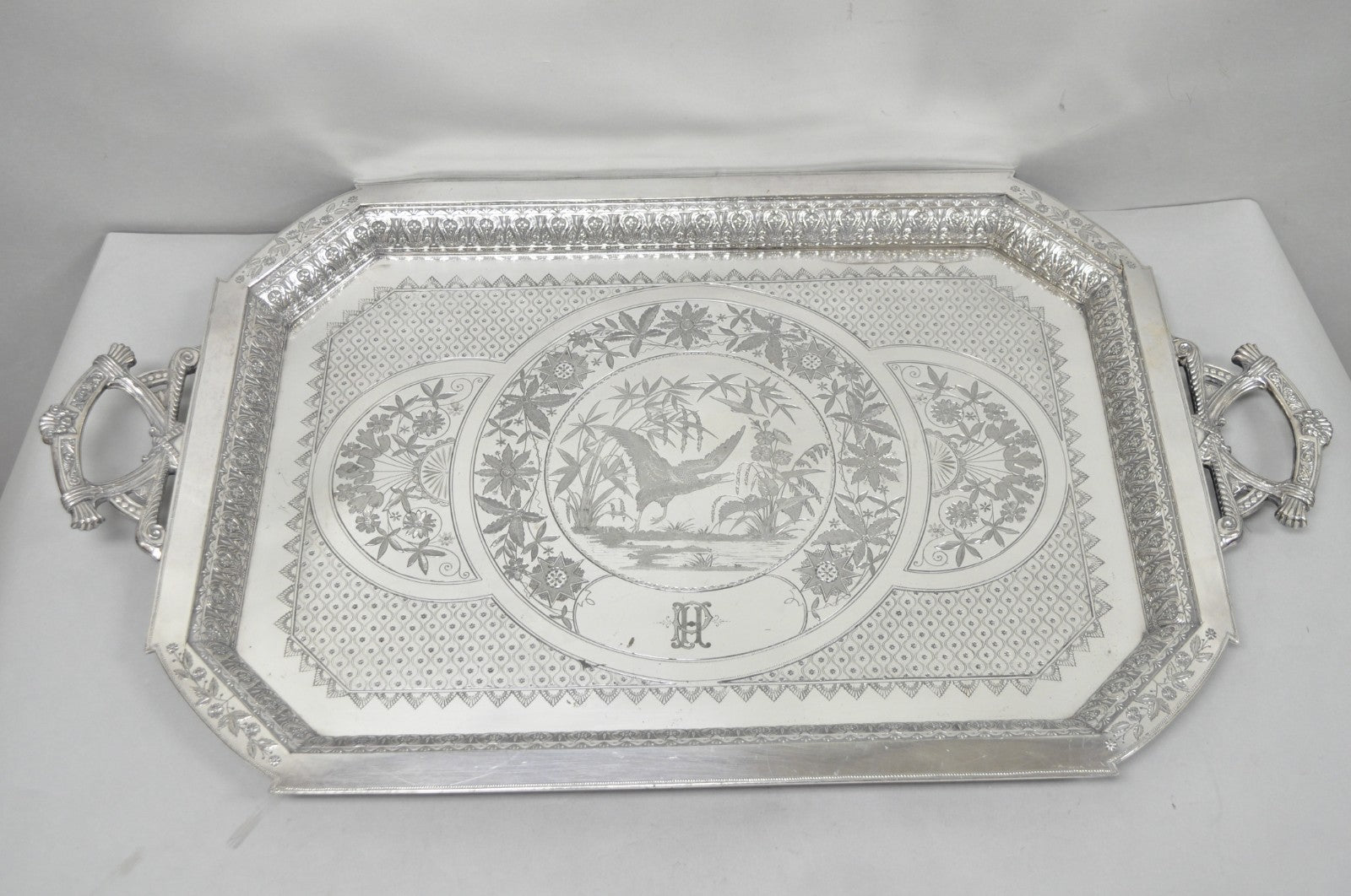 Antique Rogers Smith & Co Art Nouveau Large Silver Plated Crane Bird Etched Tray