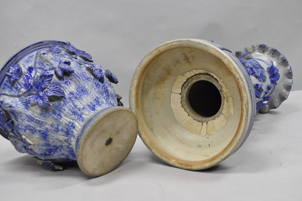 Antique German Westerwald Salt Glaze Stoneware Cobalt Blue Jardiniere & Pedestal