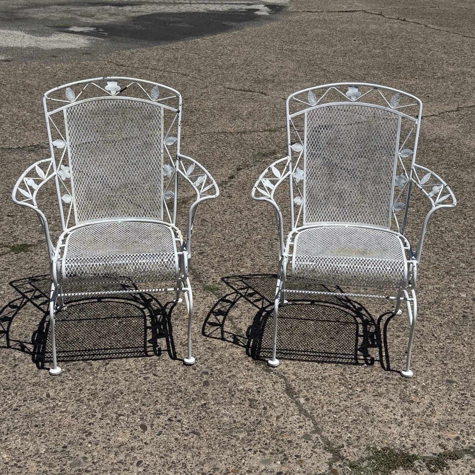 Vintage Woodard Era Floral Wrought Iron Springer Garden Patio Arm Chair - a Pair