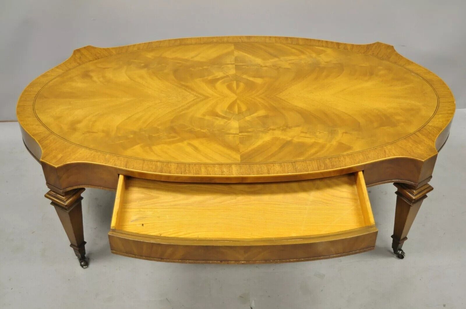 Heirloom Weiman Regency Style Flamed Mahogany One Drawer Coffee Table on Casters
