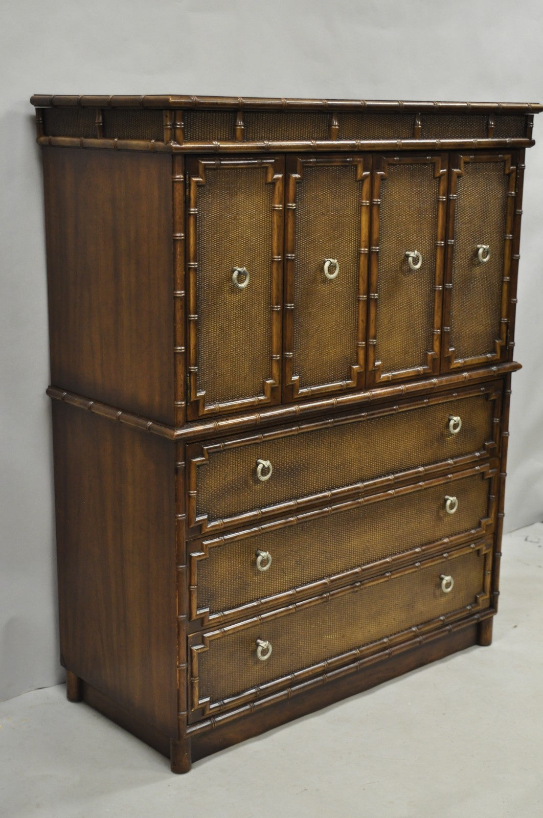 Drexel Chinese Chippendale Faux Bamboo Fretwork Rattan Tall Chest Dresser