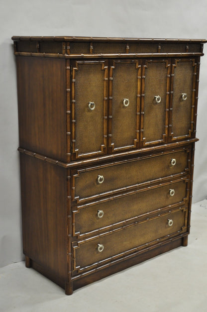 Drexel Chinese Chippendale Faux Bamboo Fretwork Rattan Tall Chest Dresser