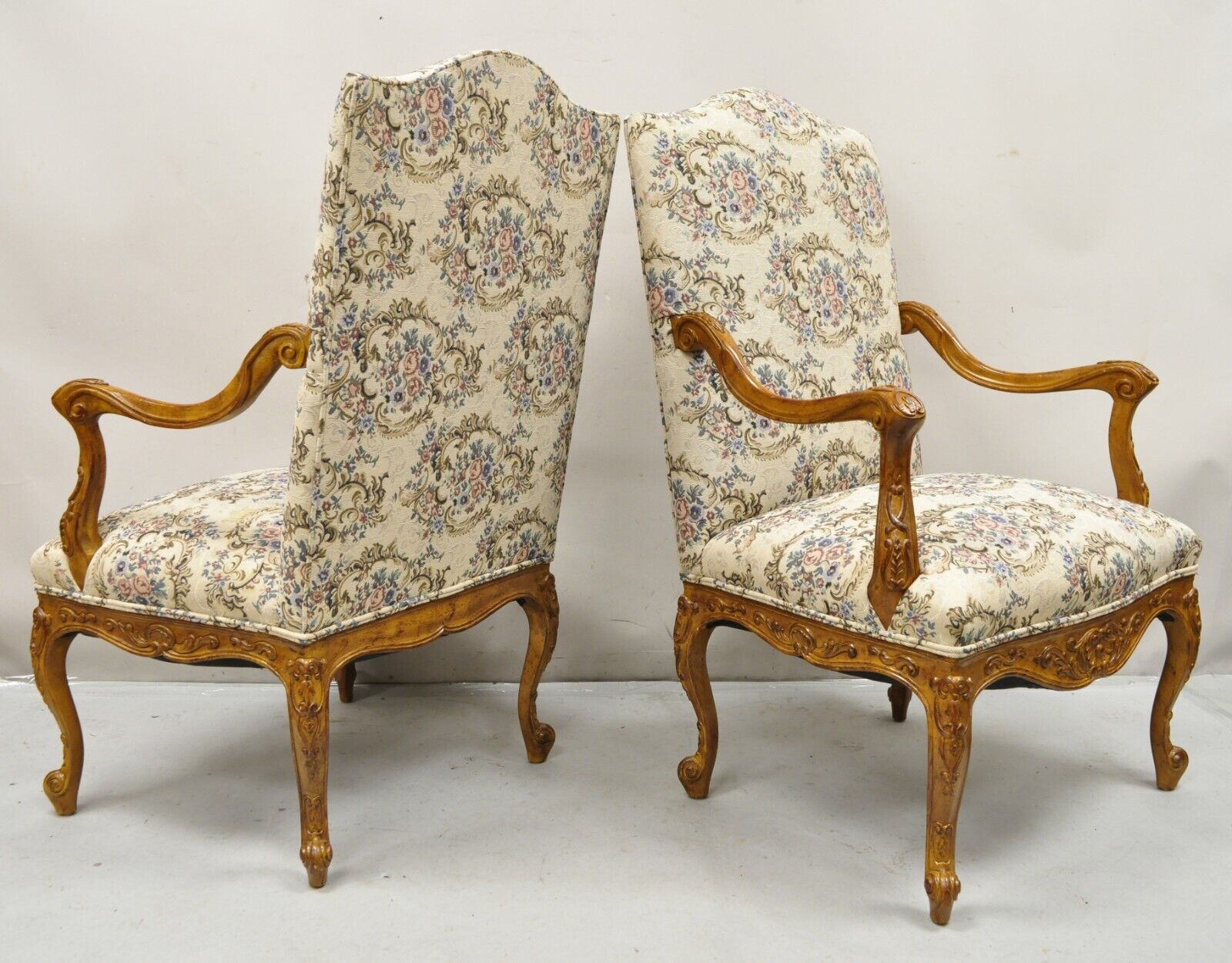 Pair French Country Style Carved Walnut Floral Upholstered High Back Arm Chairs