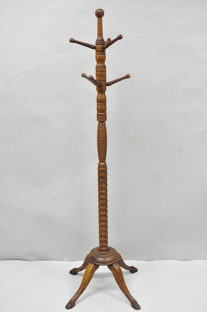 Antique Arts & Crafts Mission Oak Wood Carved Hoof Foot Standing Coat Rack Tree