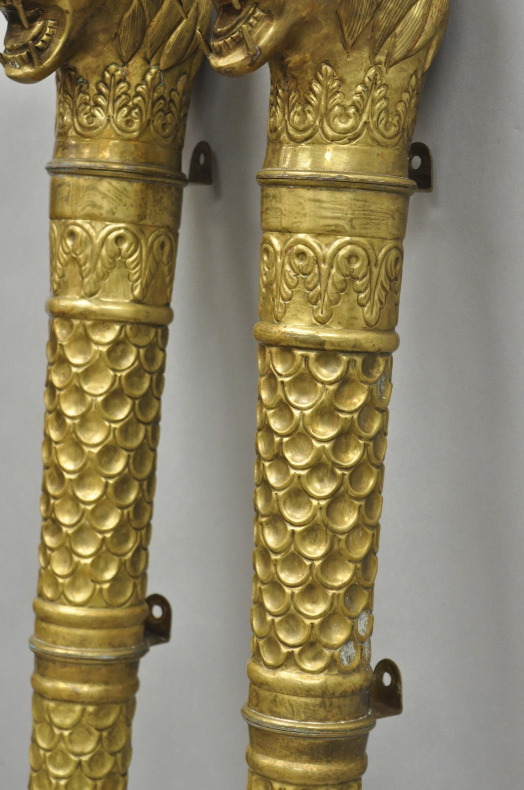 Vintage Italian Regency Neoclassical Large Brass Lion Sconce Door Handles Pair