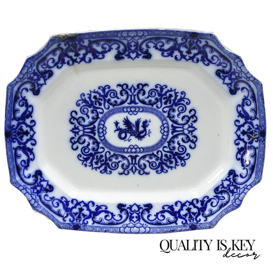 Antique Flow Blue and White Transferware Ironstone Platter Dish w Chinese Dragon
