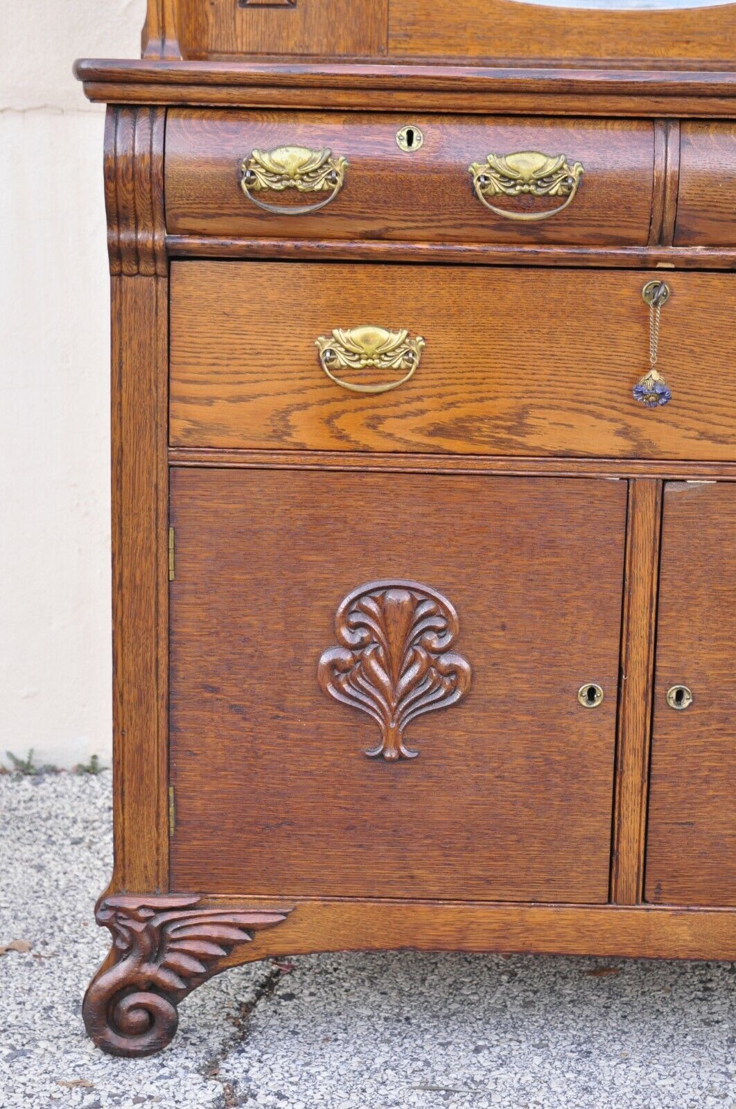 Antique Victorian Oak Wood Sideboard Buffet with Mirror Hutch Backsplash Shelf