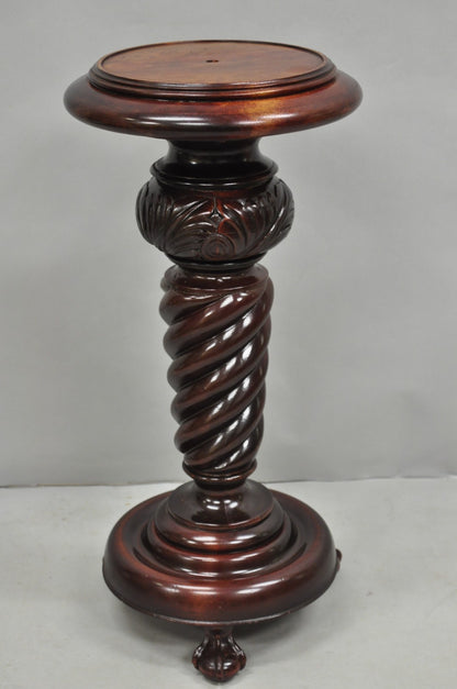 Antique Victorian Carved Mahogany Barley Twist Paw Foot Pedestal Plant Stand