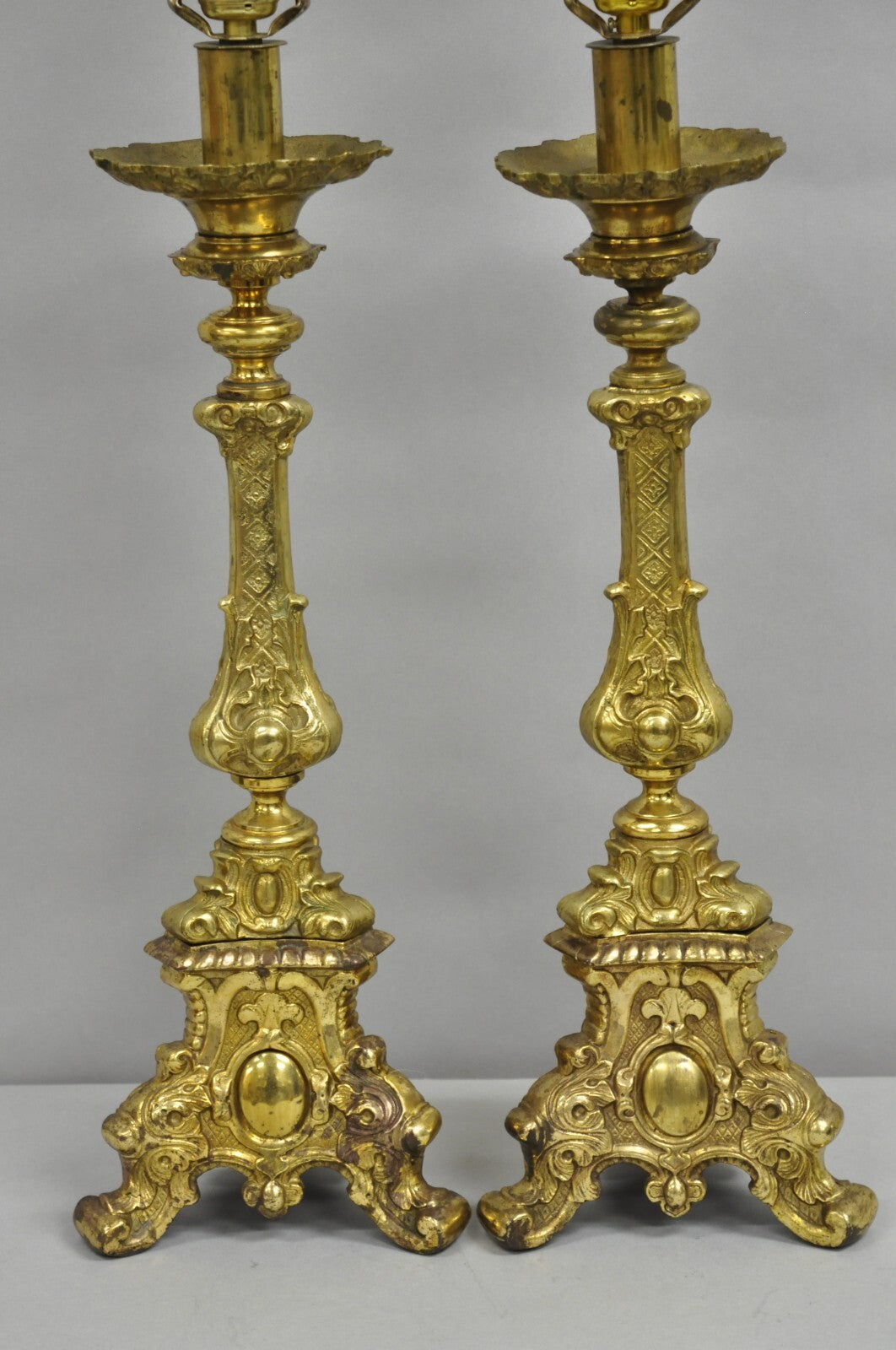 Vintage French Empire Baroque Ornate Brass Candlestick Table Lamps - a Pair