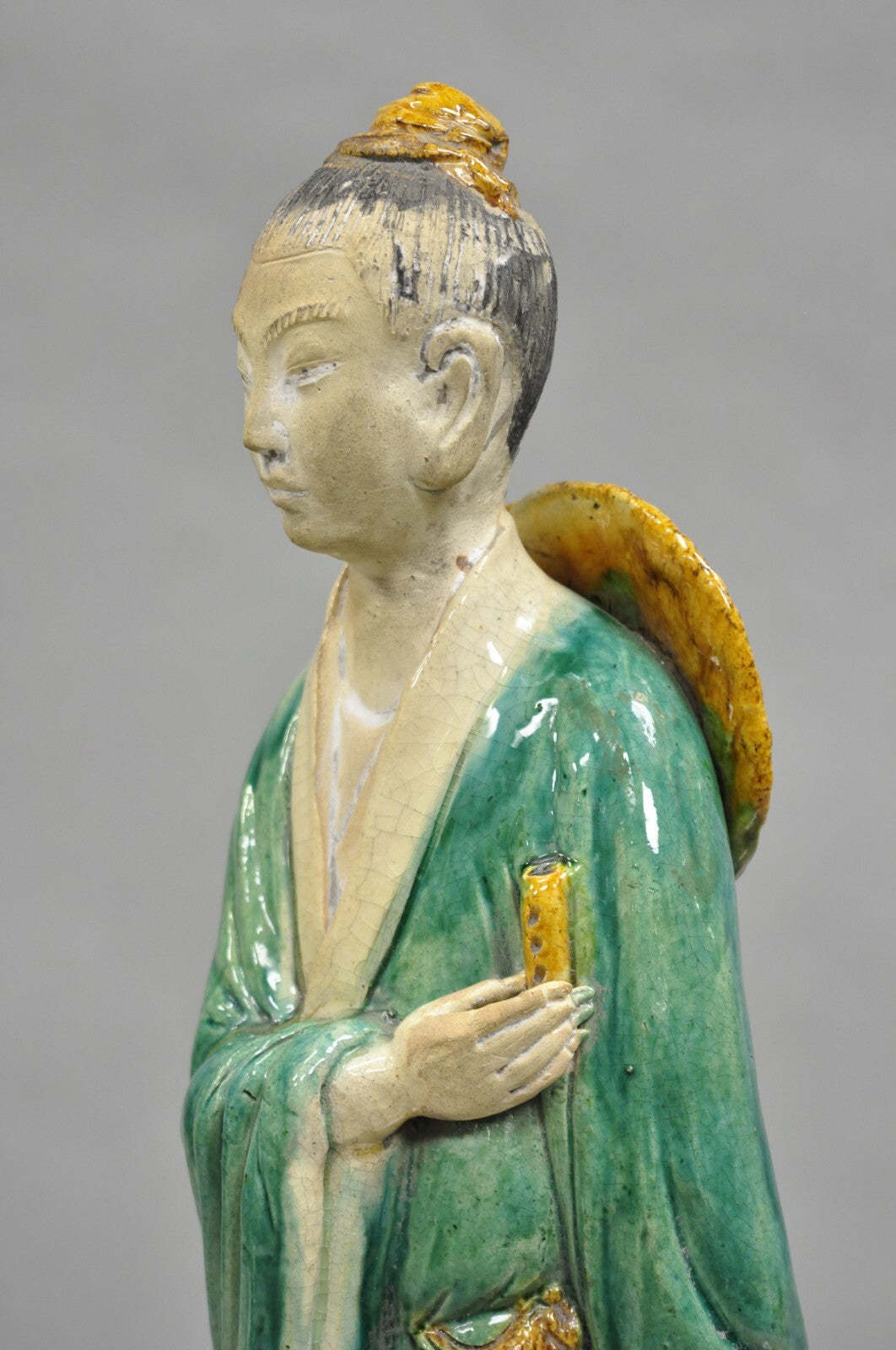 Antique Chinese Green Sancai Glazed Pottery 21" Guanyin Sculpture Figure