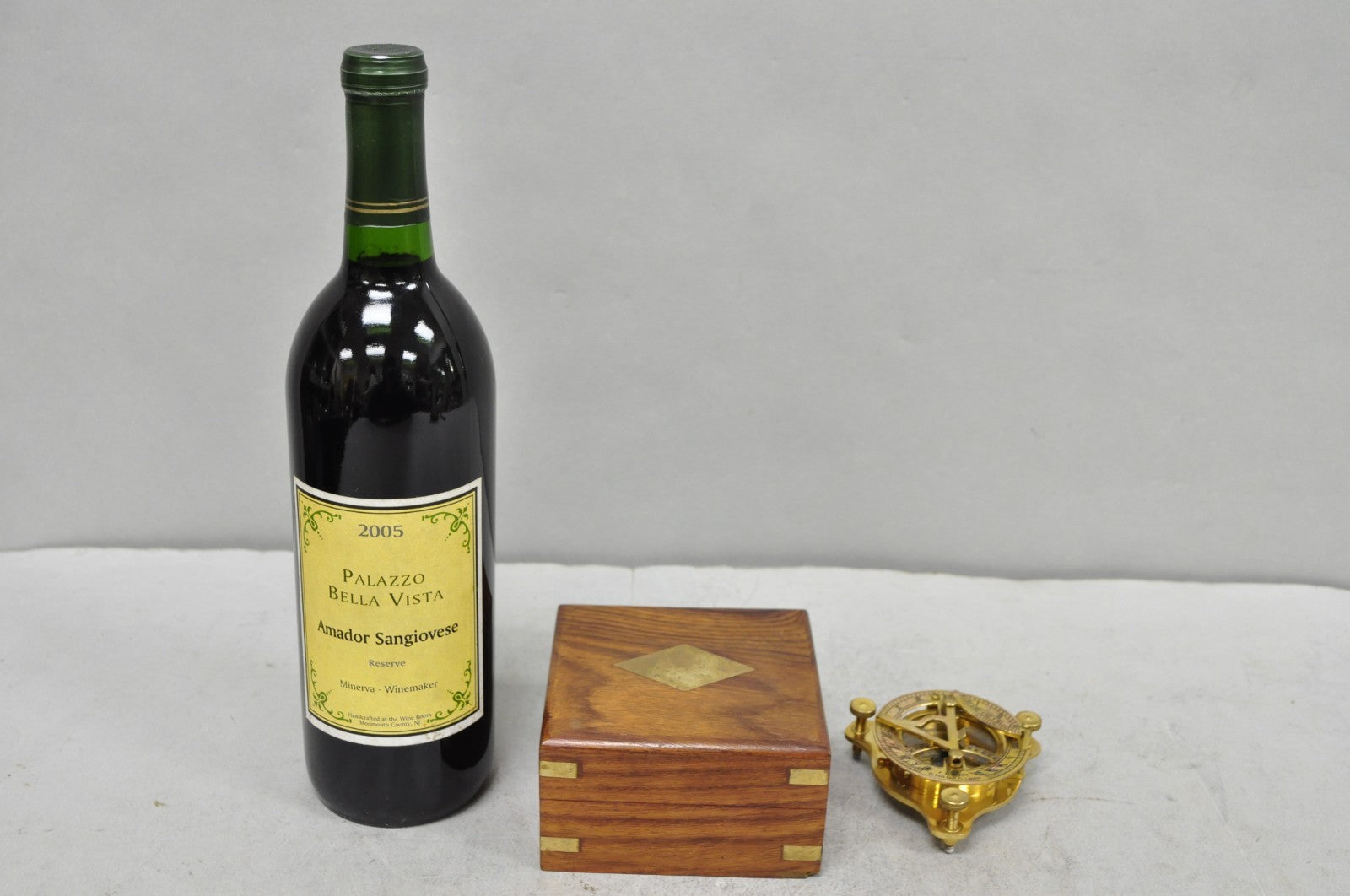 Vintage English Campaign Brass Round Sundial Compass with Small Rosewood Box